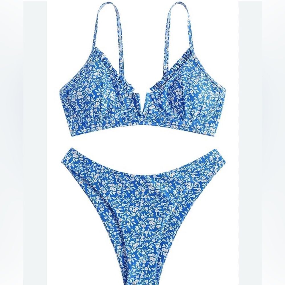 Zaful Blue Floral Bandeau Bikini